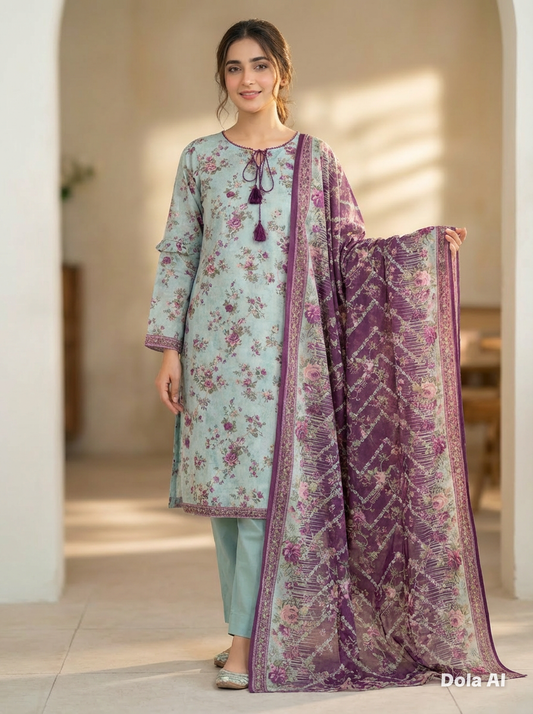 (102) Bin Saeed Floral Lawn Suit | Contrast Dupatta | Ready to Wear