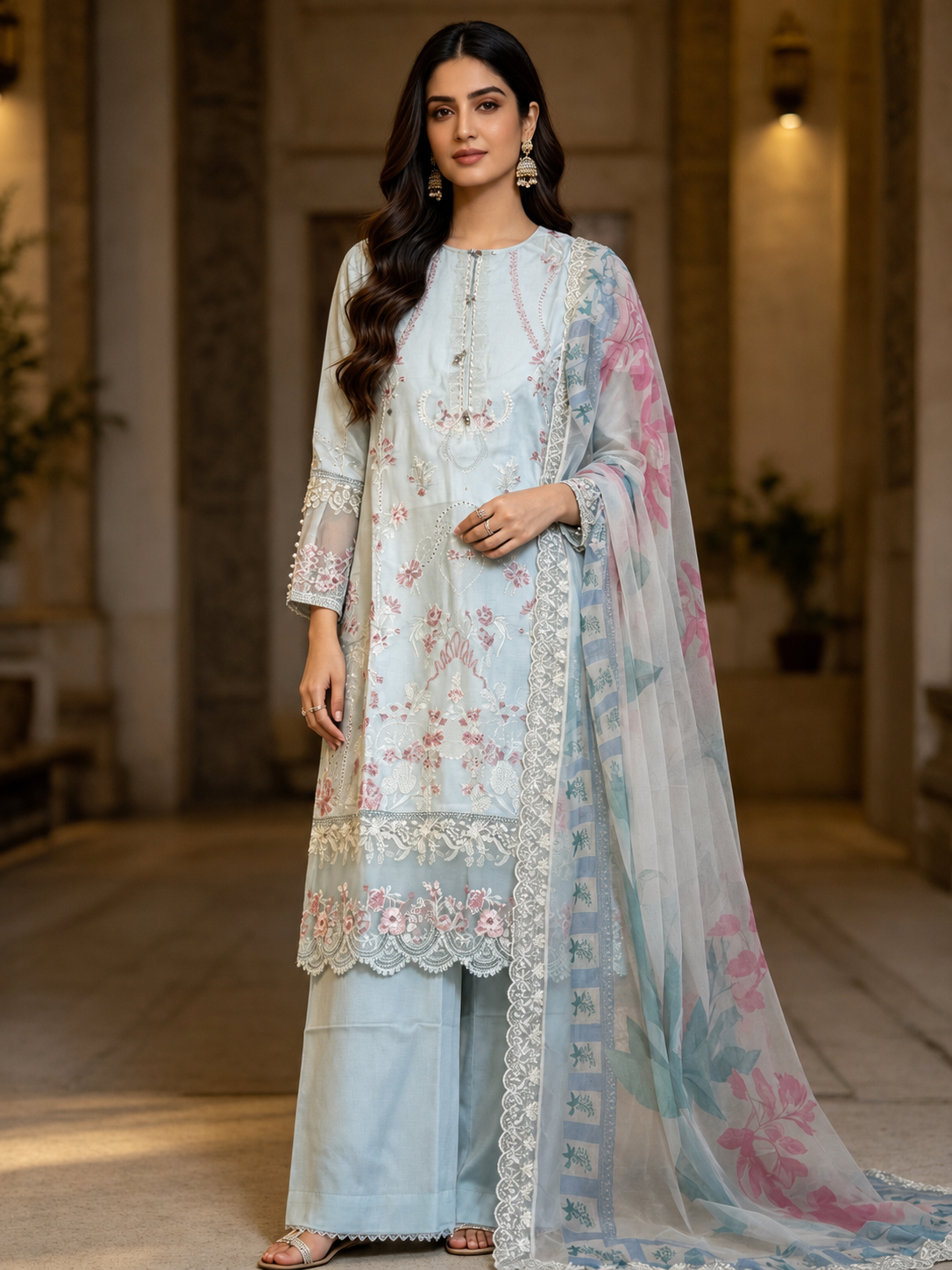 (6) Imrozia Rangreza pret lawn elegant pastel coloured lace thread cutwork embroidered park embellishment sleeves plazzo trousers chiffon duppatta ready to wear