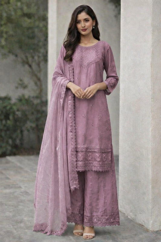 (72) Elegant Mauve Plum Full Chiffon Suit with Sequin Embroidery and Embroidered Palazzo