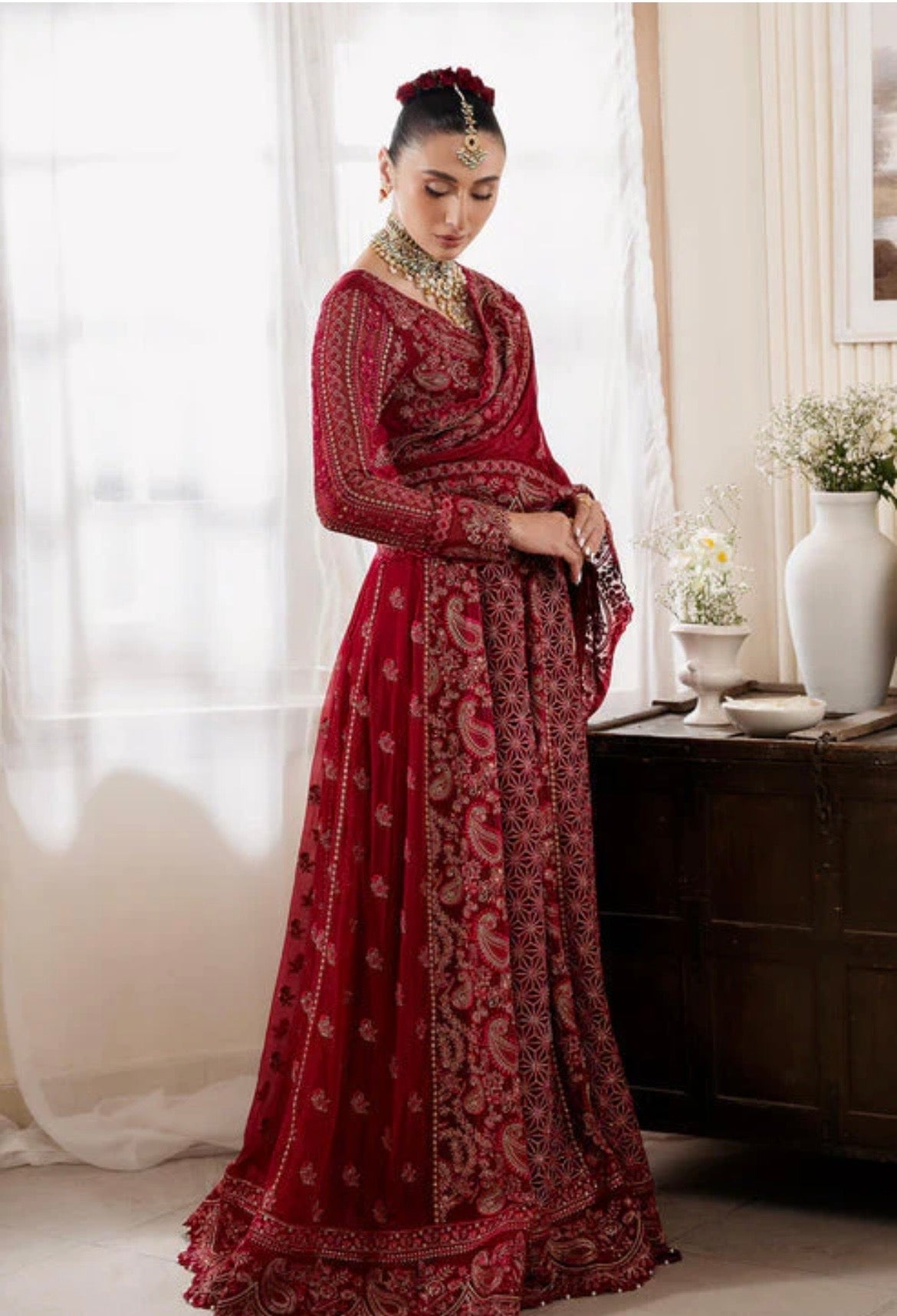 (184) Muse by Serene Cerise Pink Pearl & Gold Thread Embroidered Ready-Made