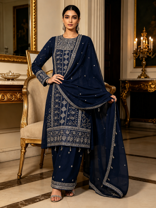 (170) elegant navy gold embroidered chiffon fully lined detailed plazzo ready to wear