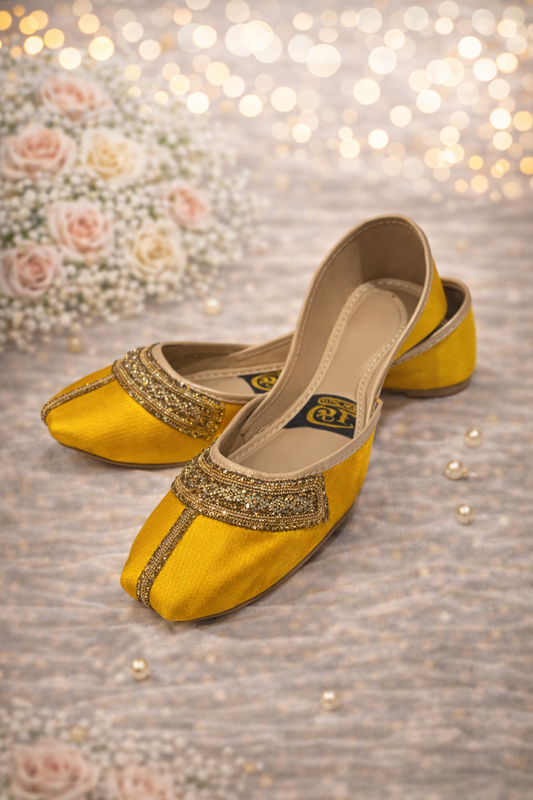(S4) Handmade Satin Khusa – Gold Embroidered Punjabi Jutti with Soft Foam Comfort