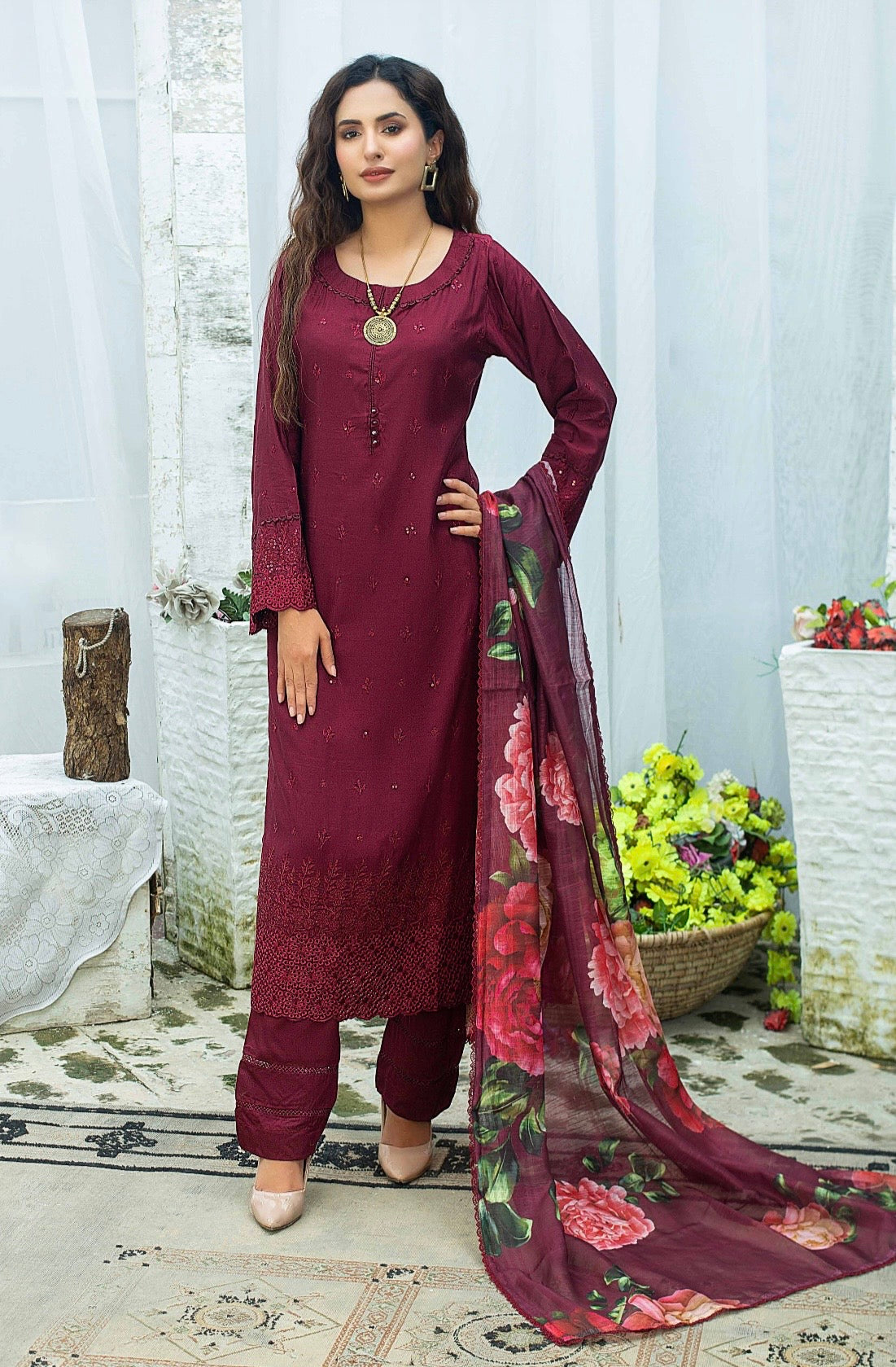 (306) Pakistani Chikankari Viscose Suit | Sequin & Floral Dupatta