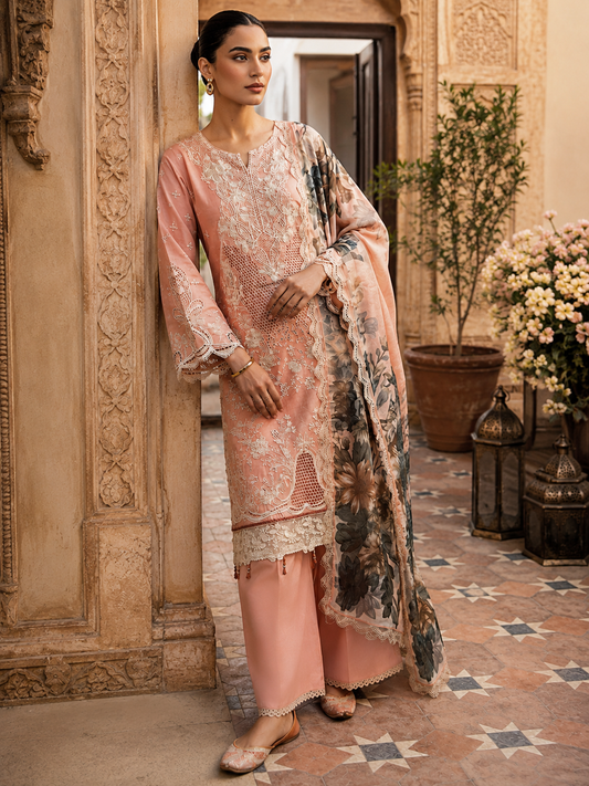 (1) Rangreza pret peach lawn chicken Kari lace embroidered pearl embellished chiffon contrast dupatta ready to wear