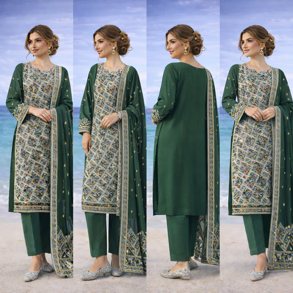 (356) Green Zari Lawn Suit | 4-Side Embroidered Dupatta | Ready to Wear