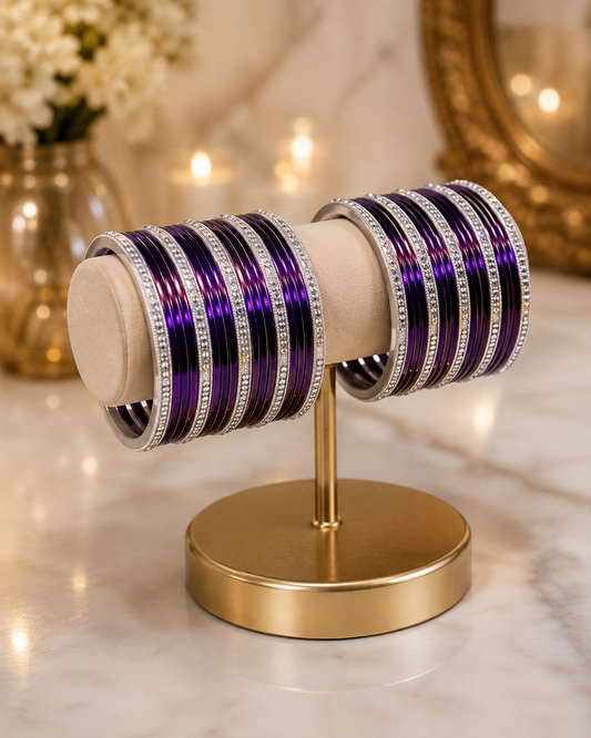 (B12) Elegant deep purple bangle set featuring glossy metallic bangles beautifully paired with sparkling silver diamanté detailing size 2.4