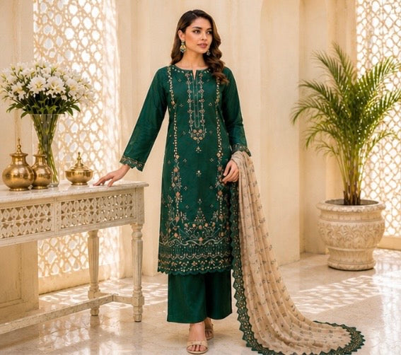 (174) Tawakkal Embroidered Sequin Silky Lawn Suit with Khaddi Dupatta