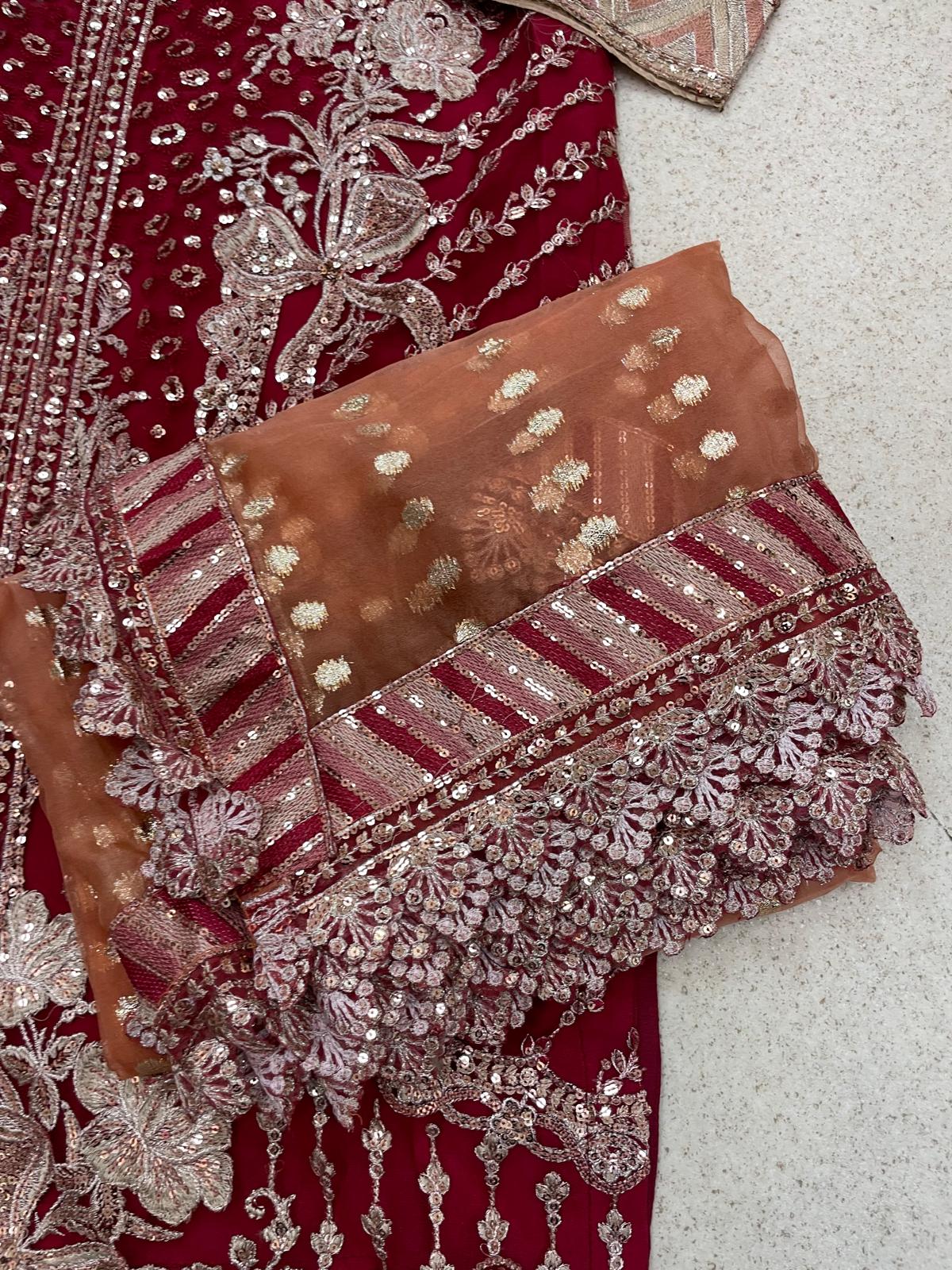 (58) Stunning Pakistani Embroidered Organza Suit in Deep Red &Diamante & Pearls