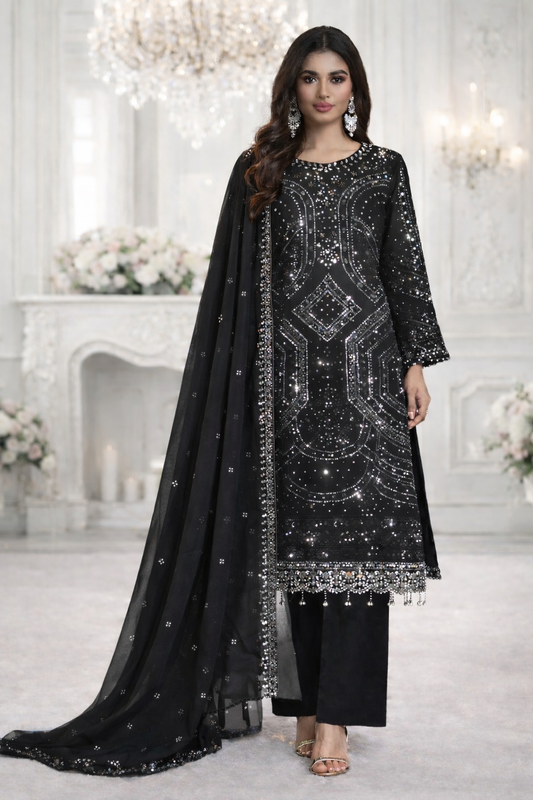 (301) Luxury Sequined Chiffon Suit | Diamante Neck & Dupatta