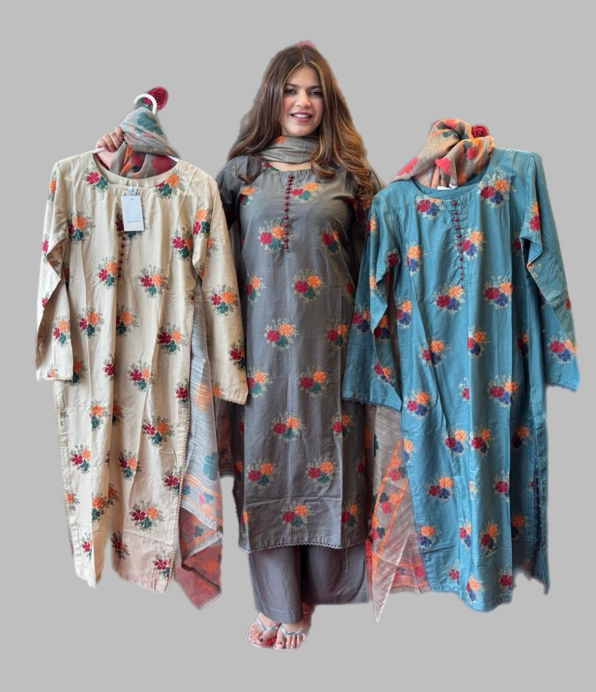 (18) Grey Linen Printed Palazzo Suit – Embroidered Elegance with Printed Dupatta
