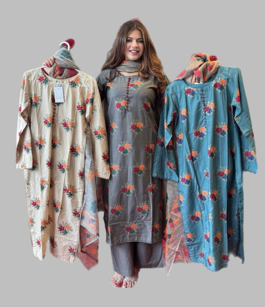 (18) Grey Linen Printed Palazzo Suit – Embroidered Elegance with Printed Dupatta