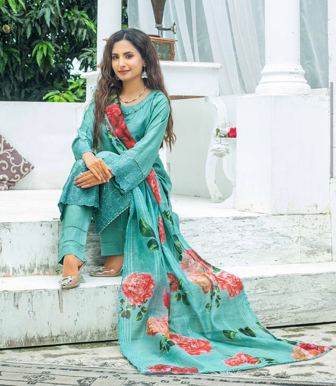 (344) Pakistani Chikankari Viscose Suit | Sequin & Floral Dupatta