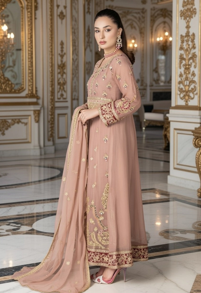 (106) Mocha Crinkle Chiffon Anarkali | Gold Embroidery & Diamante Work