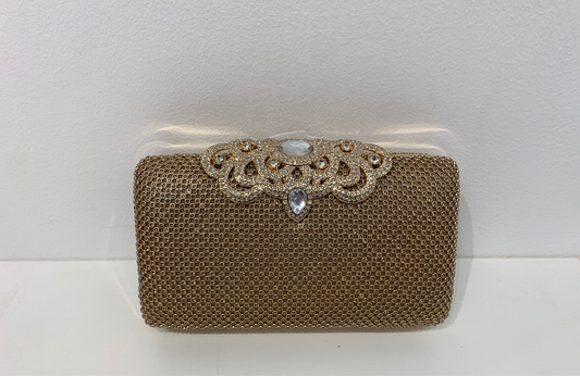(215) Gold Clutch Bag with Clasp Opening & Long Chain