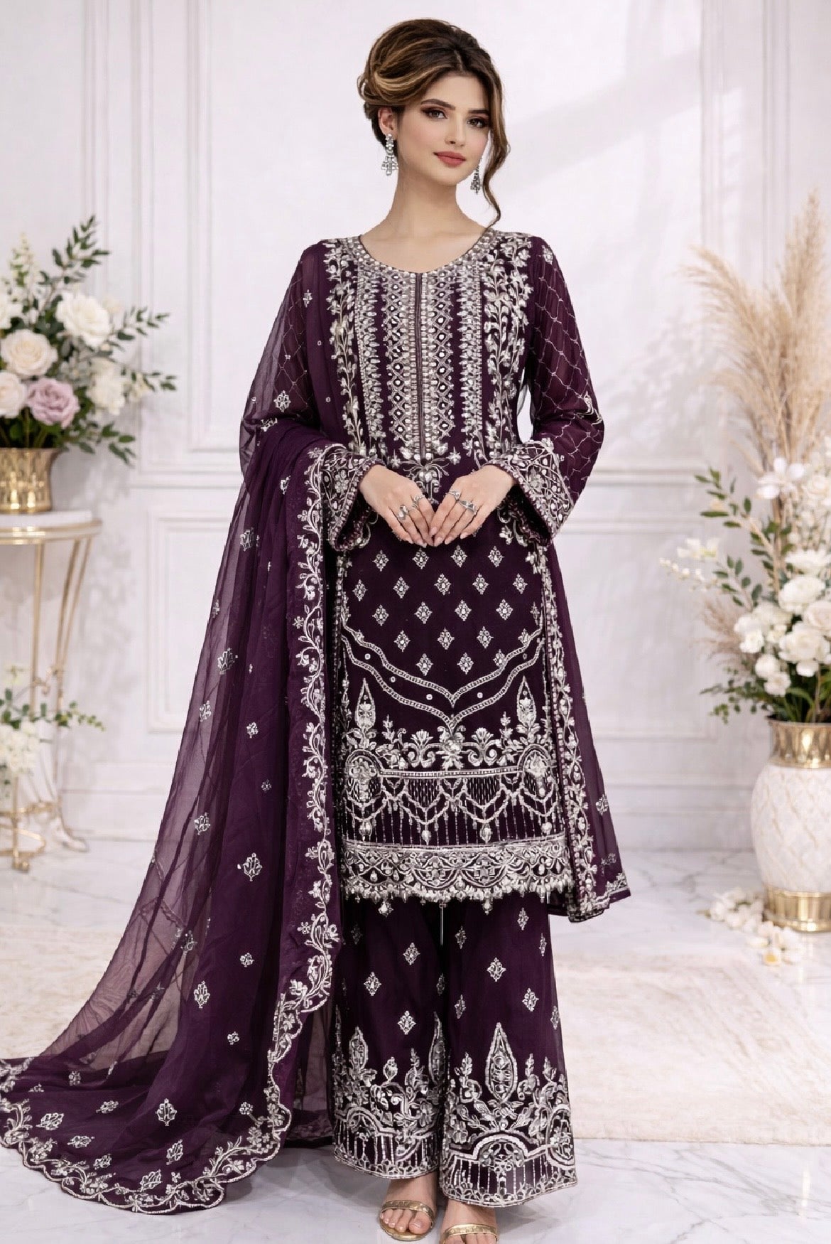 (51) Ramsha Chiffon plum Embellished Palazzo Set – Elegant Luxe Look