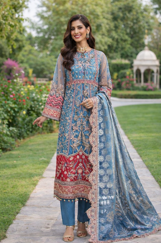 (135) Luxury Embroidered Chiffon 3-Piece Suit – Formal Pakistani Wear