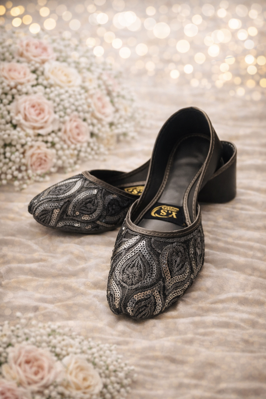 (S22) Handmade Silver Sequin Khussa – Embroidered Punjabi Jutti with Soft Foam & Non-Slip Sole