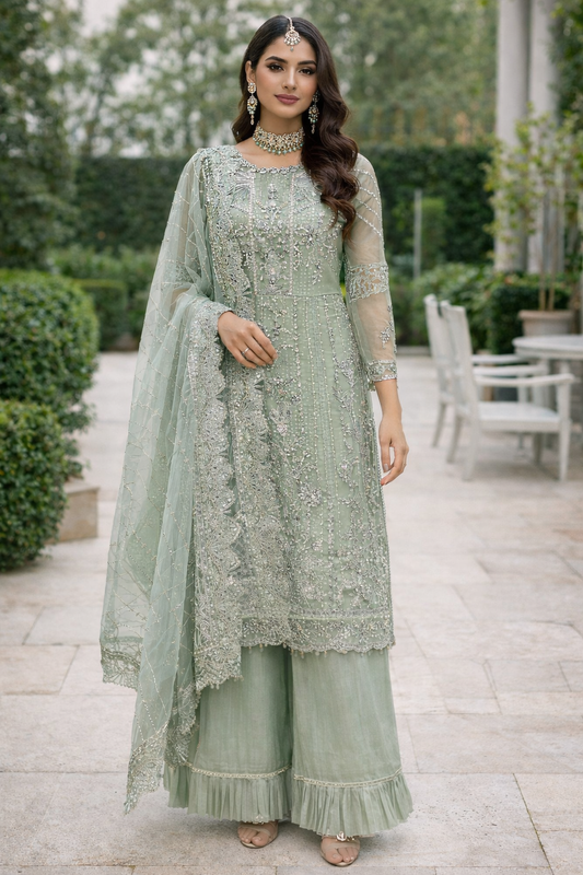 (220) Maria B Inspired Organza Diamanté Embroidered Fancy Trouser Suit