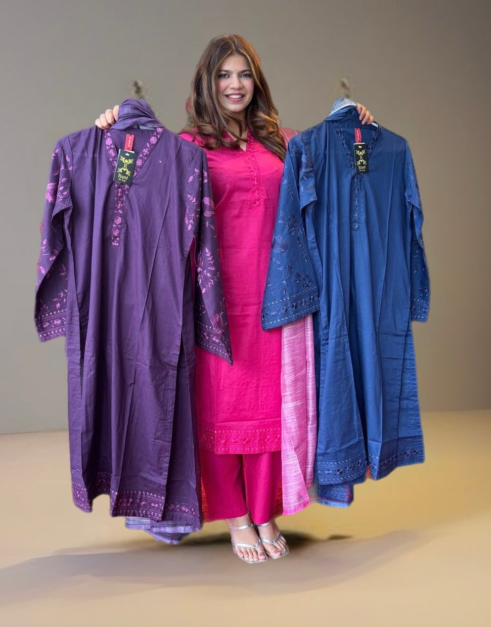 (1) Elegant Pink Linen Pakistani Suit – Embroidered Sleeves & Neckline | Ready to Wear
