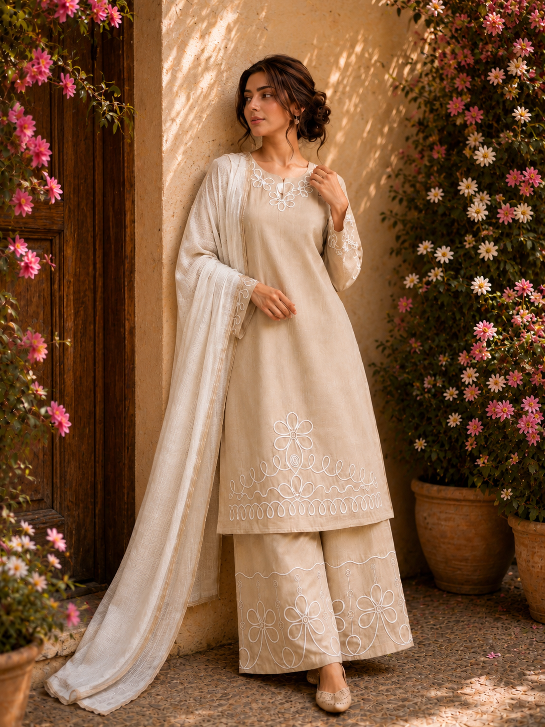 Elegant Linen lined pattern detailed Suit
Crafted from breathable premium linen, this elegant ready-to-wear suit features beautiful white embroidery on the neckline, sleeves, kameez hem, and palazzo trousers.