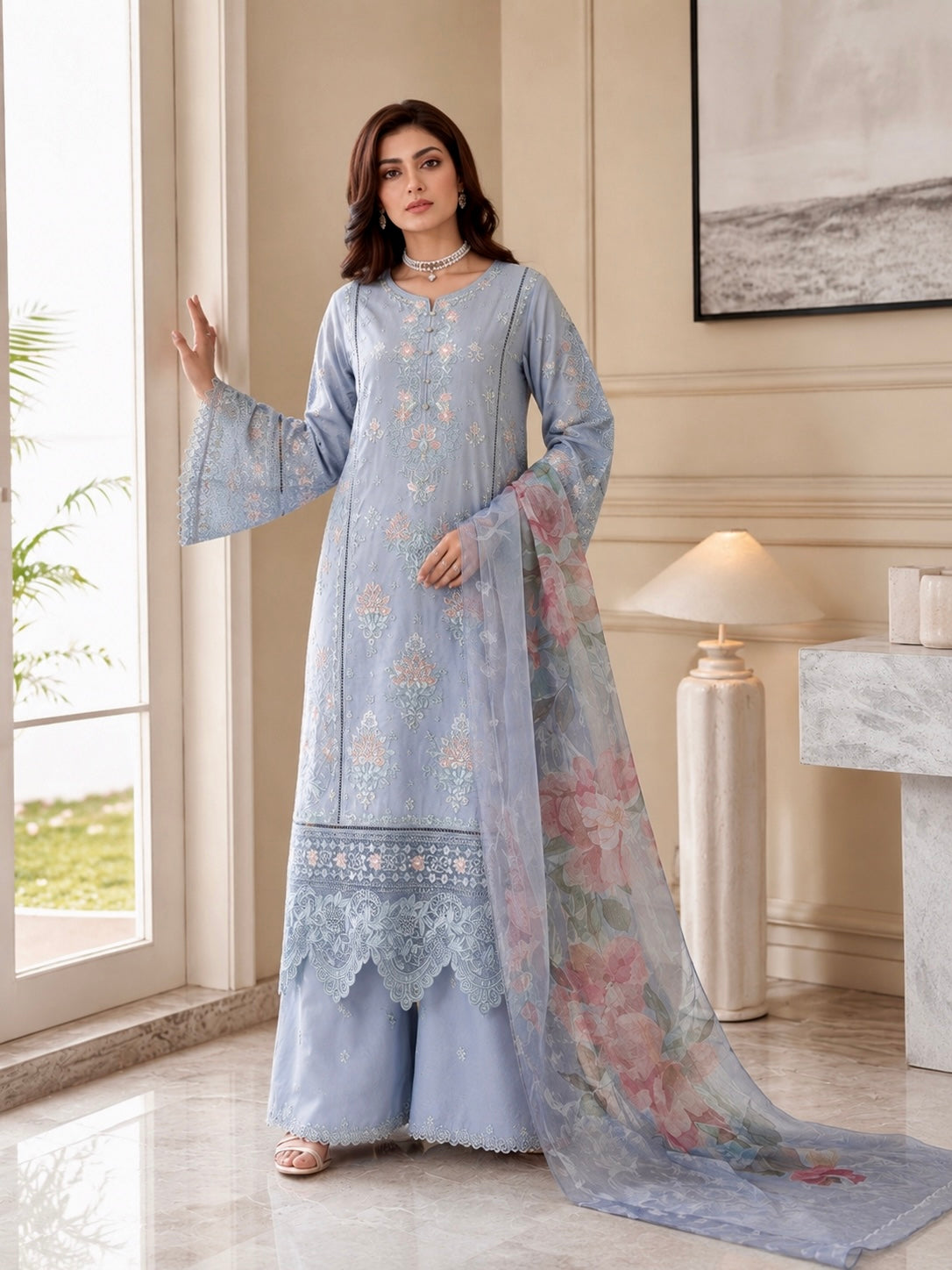 (27) Imrozia/serene viscose pastel floral lace embroidered pearl button plazzo khadi net dupatta ready to wear