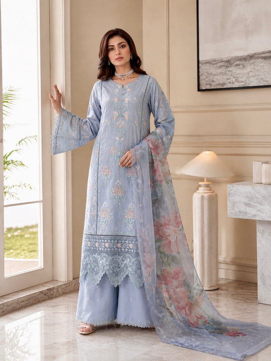 (27) Imrozia/serene viscose pastel floral lace embroidered pearl button plazzo khadi net dupatta ready to wear