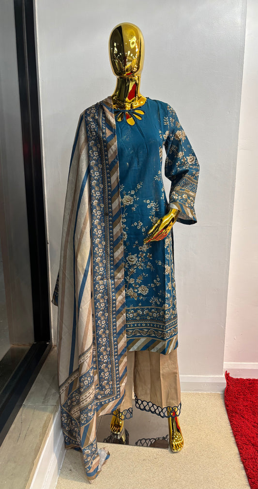 (136) Simran's Embroidered Printed Palazzo Soft Khaddar Ready-Made Suit