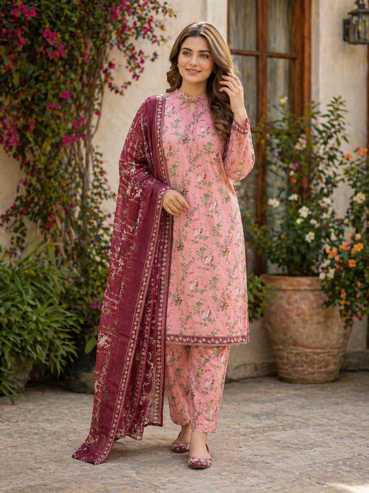 (117) Bin Saeed Lawn Suit | Floral Print & Contrast Dupatta