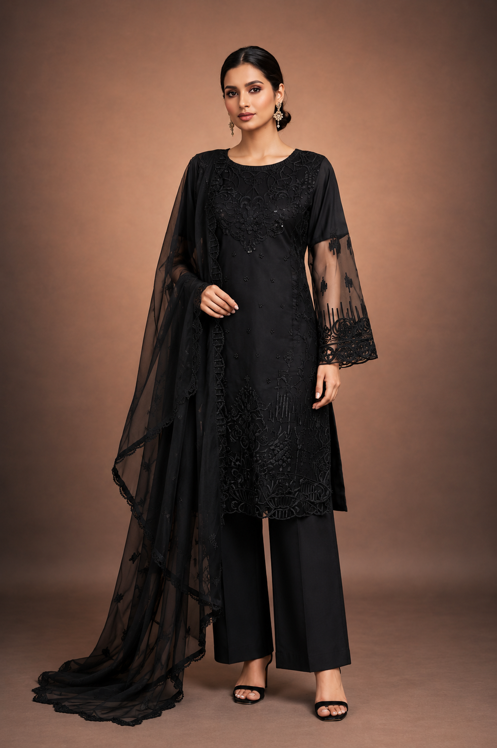 (222) Pakistani Organza Frock Sequined Thread Embroidered Ready Made Suit
