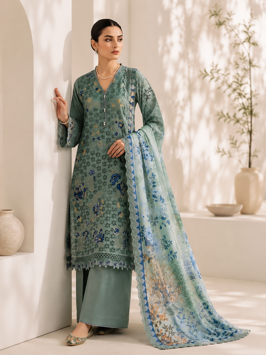 (11) Rangreza pret pastel chicken kari lace embroidered pearl button neck line printed chiffon duppatta ready to wear
