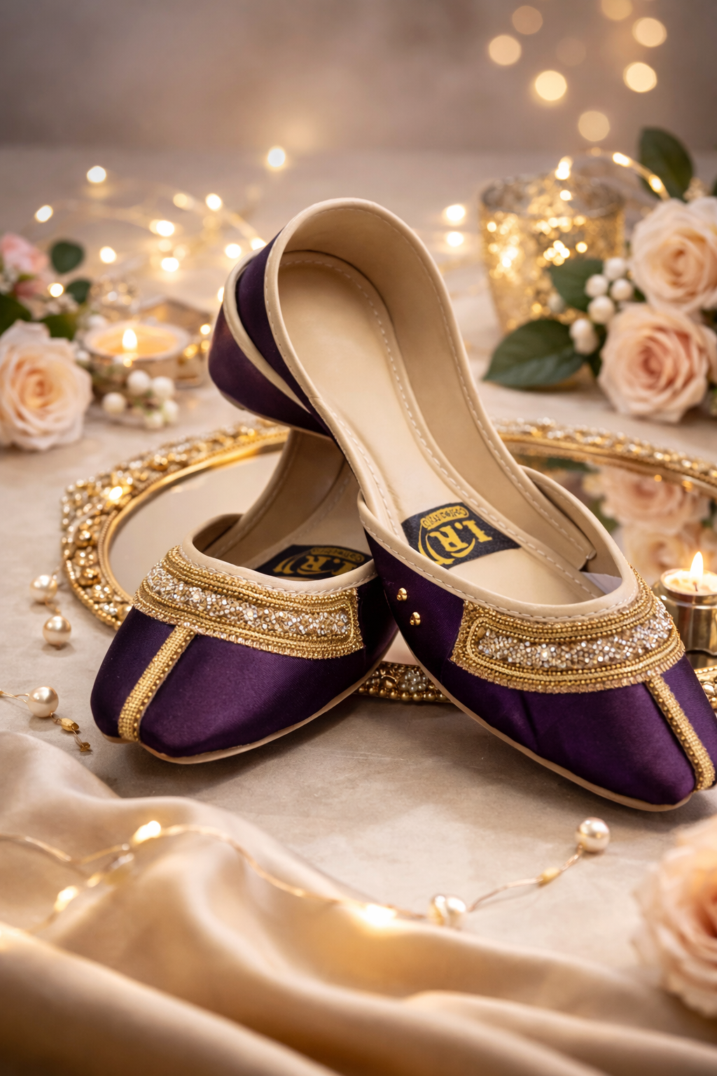 (S38) Handmade Satin Khusa – Gold Embroidered Punjabi Jutti with Soft Foam Comfort