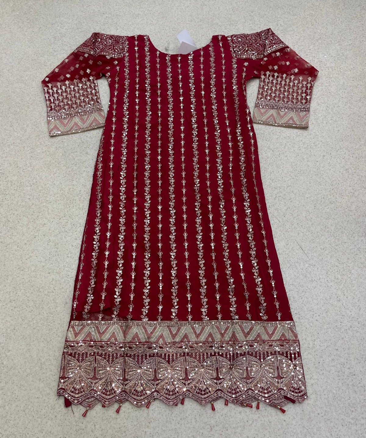 (58) Stunning Pakistani Embroidered Organza Suit in Deep Red &Diamante & Pearls