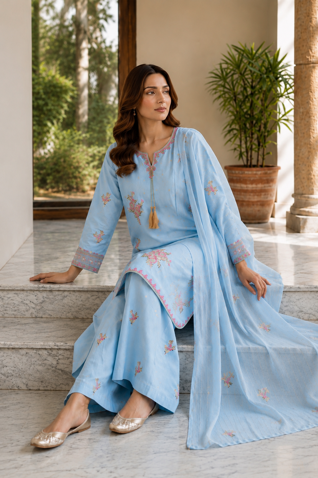 (355) Abeeha Elegant Light blue Viscose Suit – A beautifully designed rounded kameez featuring delicate gold thread floral embroidery, paired with stylish palazzo trousers and a soft bamber dupatta.