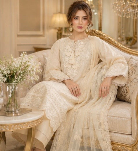 (159) Munira Premium Lawn Palazzo Suit | Floral Lace & Chiffon Dupatta