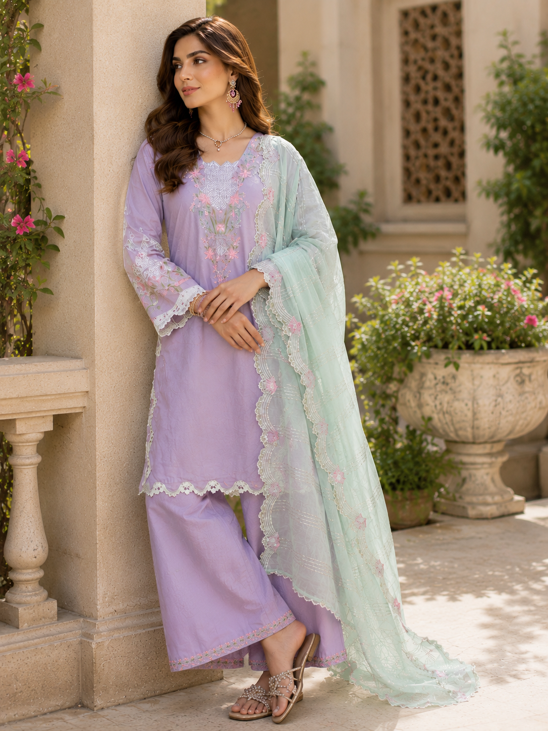(249) Floral Lace Viscose Farshi Shalwar Suit | Ready-Made Elegance