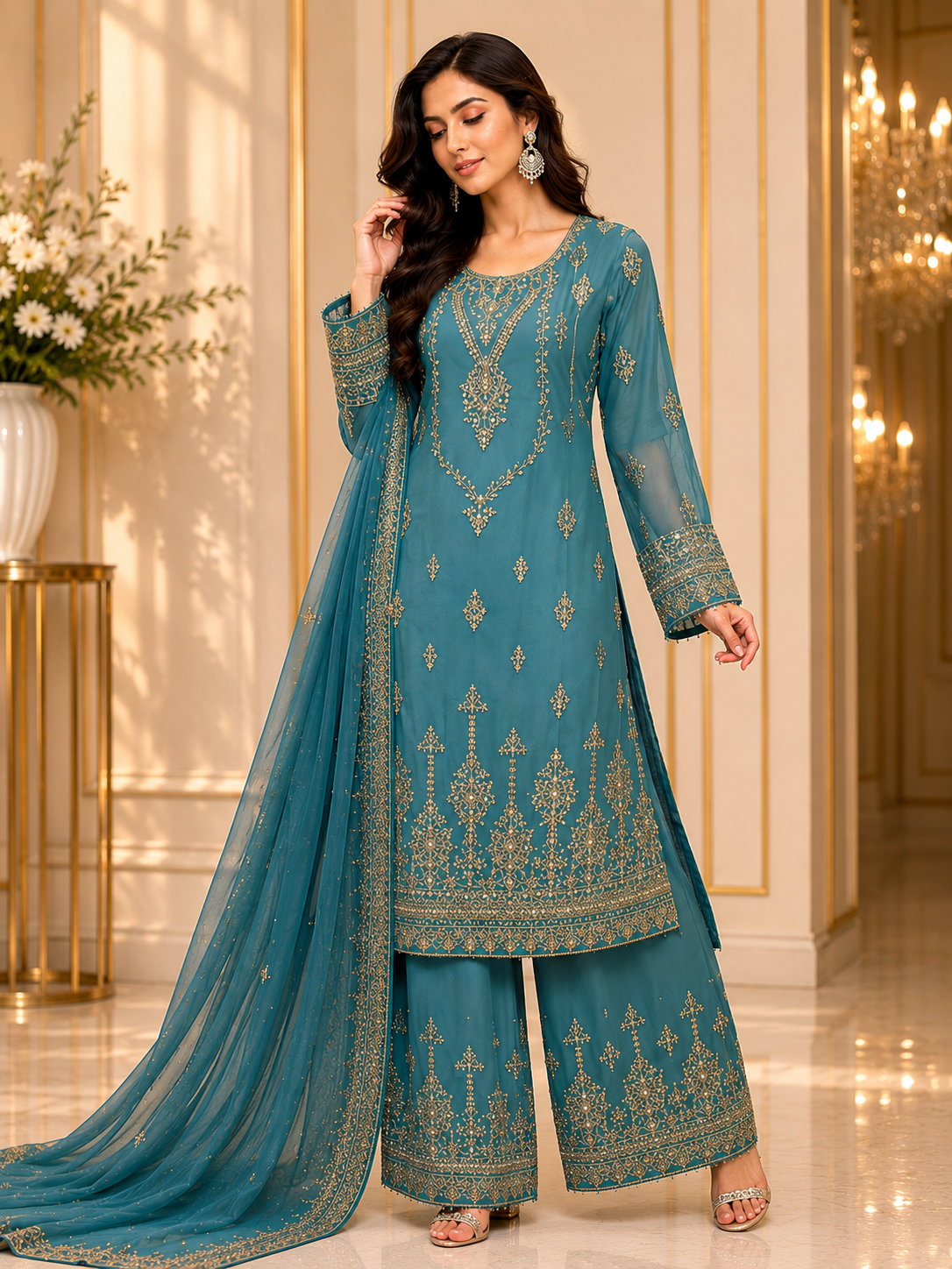 (285) Elegant Chiffon Palazzo Suit | Pearl & Diamante Gold Embroidery