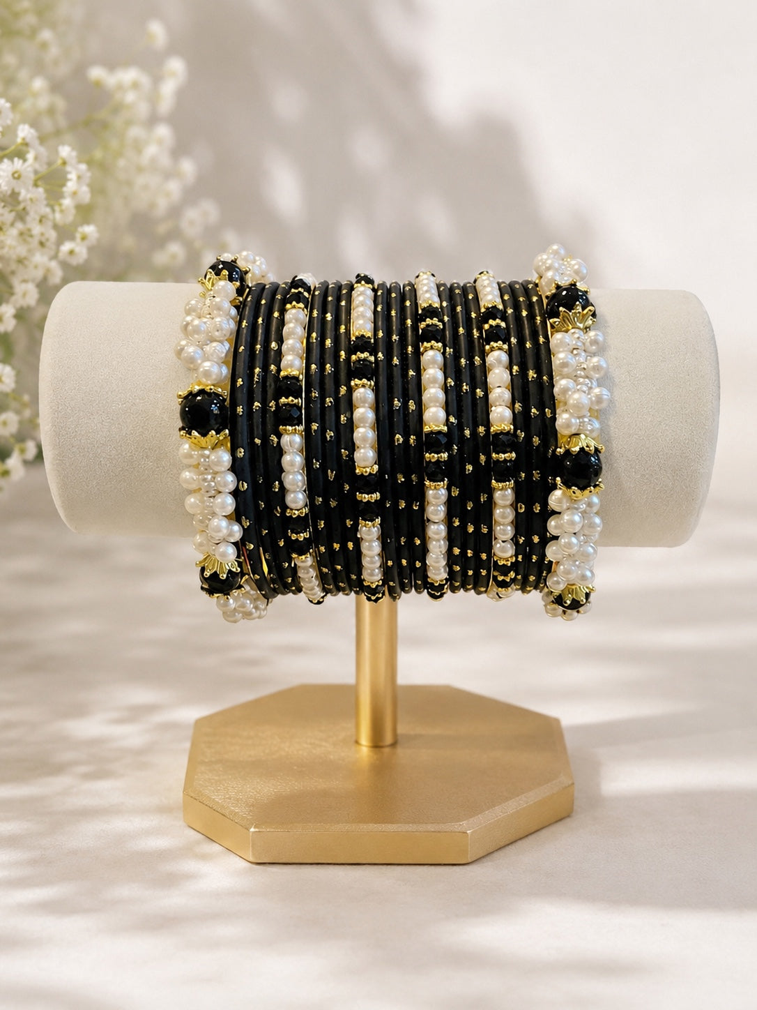 (B4) Elegant black bangle set featuring delicate gold detailing, lustrous pearl accents and statement black beads. A beautiful traditional accessory, perfect for weddings, Eid and special occasions size 2.4