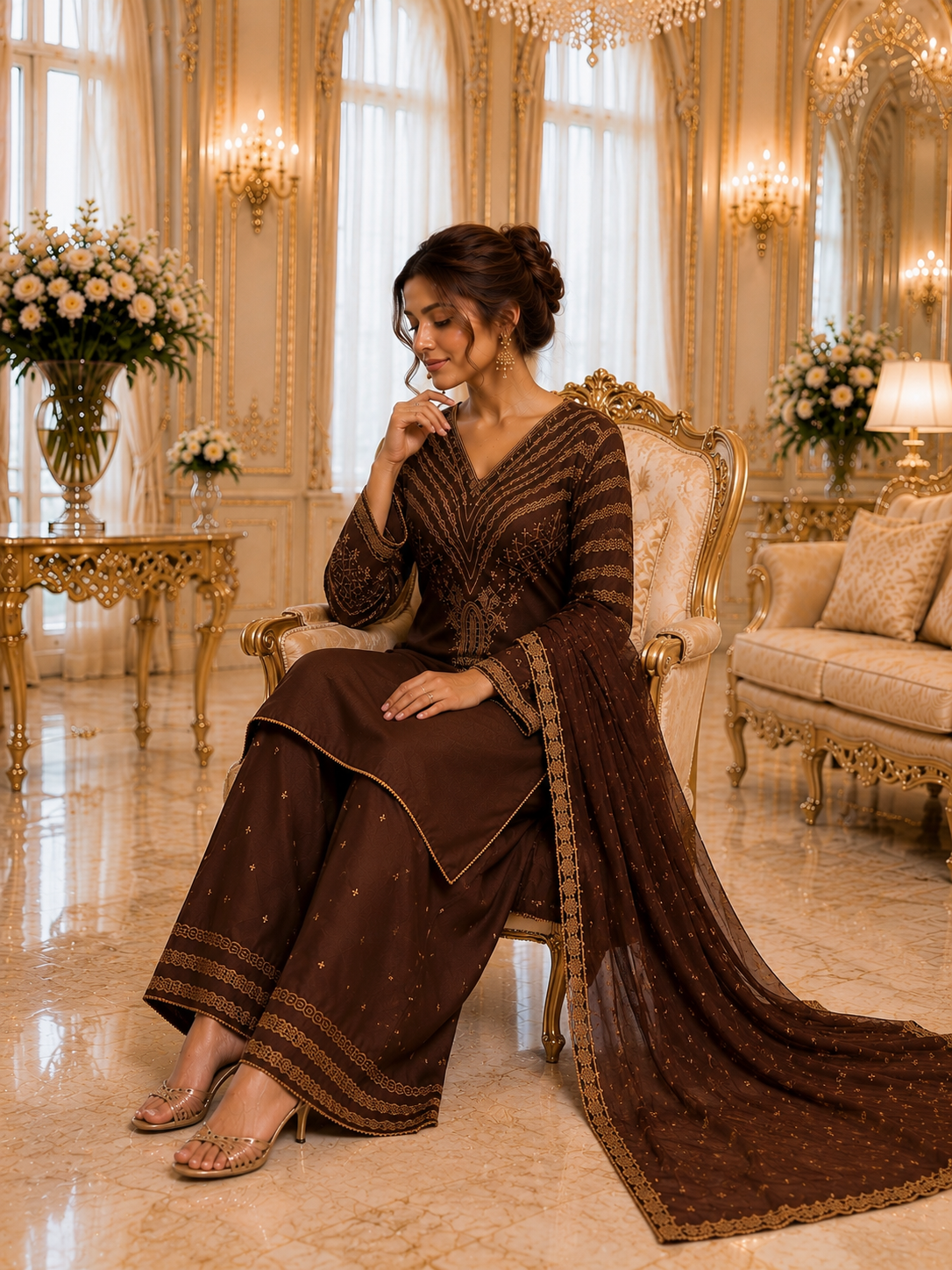 (296) Brown Viscose Palazzo Suit | Gold Thread & Sequin Embroidery