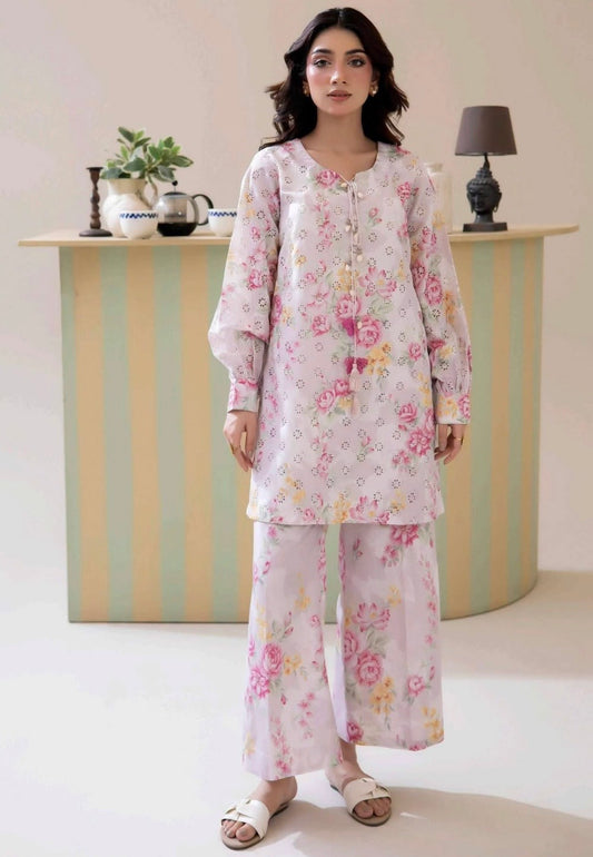 (35) Adan’s schiffli floral chickankari printed voil lawn shirt lawn trousers co ord set