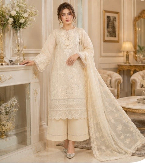 (159) Munira Premium Lawn Palazzo Suit | Floral Lace & Chiffon Dupatta