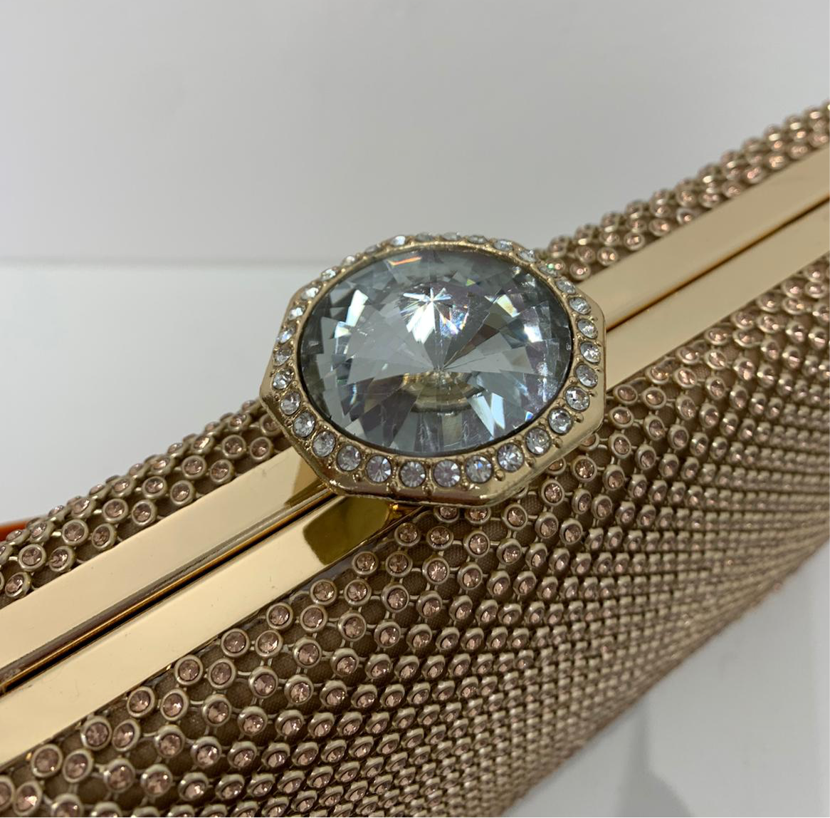 (220) Gold Clutch Bag with Clasp Opening & Long Chain