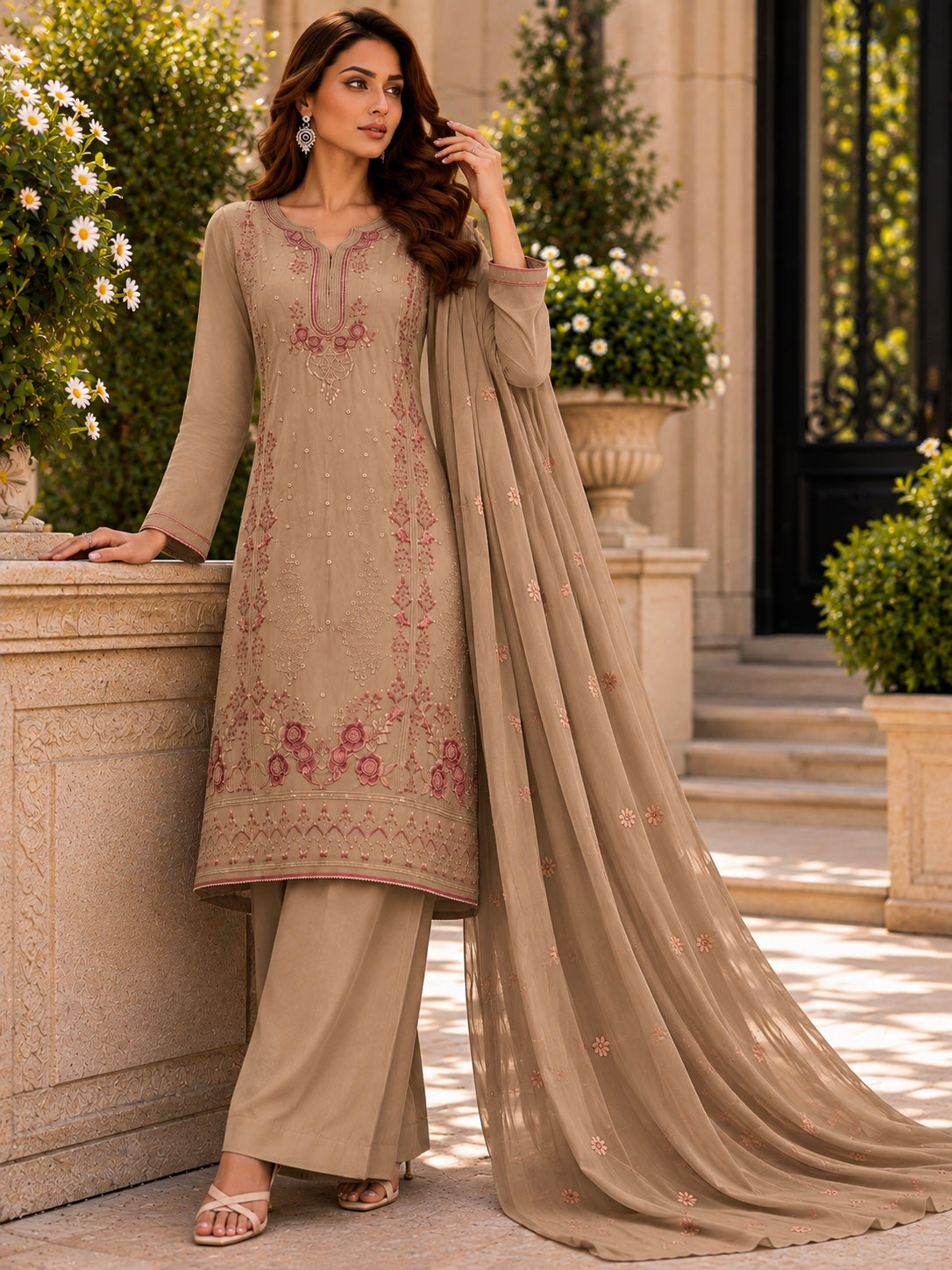 (362) Abeeha beige/taupe Viscose Floral Embroidered Suit 
A beautiful blend of comfort and elegance, soft viscose kameez with delicate floral embroidery, paired with a stunning Bamber dupatta