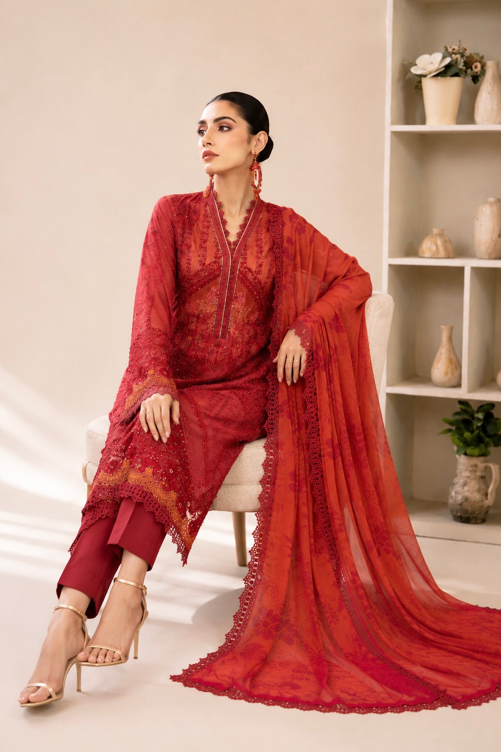 (350) Maria b inspired embroidered arabic lawn lace cutwork pearl sequins printed chiffon dupatta ready to wear