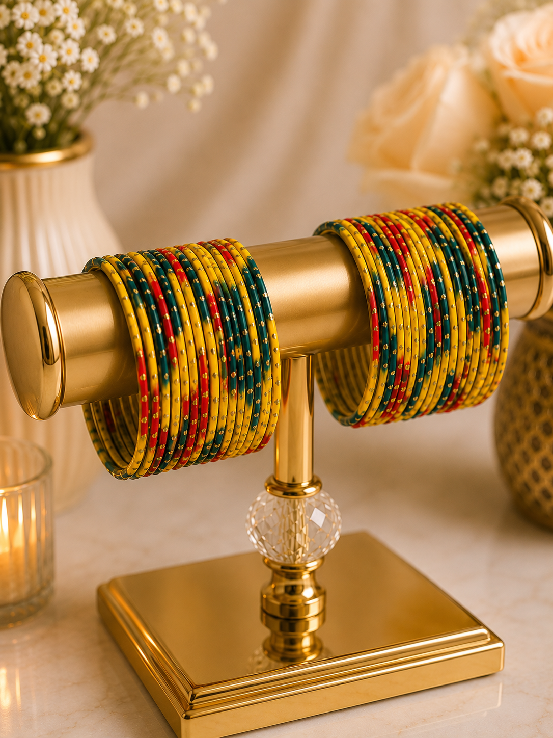 (B8) Elegant multicolour bangle set featuring vibrant yellow, deep green and red tones, beautifully finished with delicate gold detailing perfect for weddings, Eid, mehndi, parties and traditional outfit size 2.6