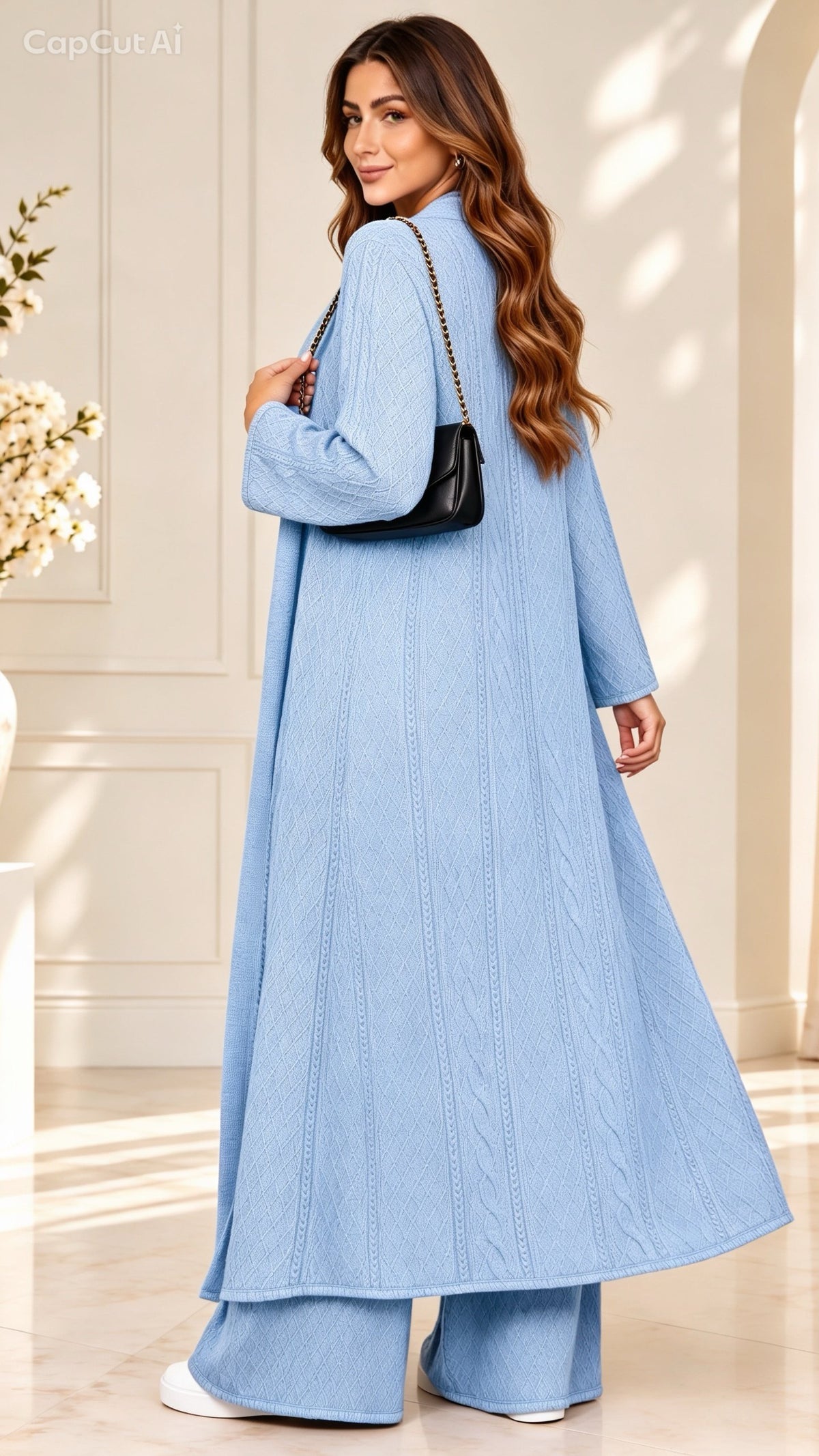 (377) Elegant 3-piece light blue one size textured knit co-ord set Featuring a flattering V-neck tunic, flowing wide-leg trousers and a matching longline open cardigan. stylish, comfortable effortlessly elegant outfit