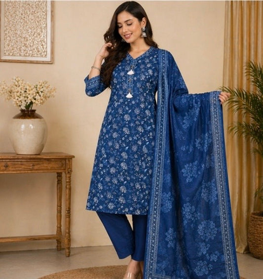 (111) Bin Saeed Floral Lawn Suit | Pearl Neck & Contrast Dupatta