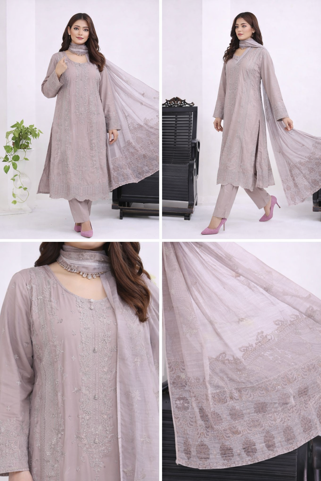 (346) Beige Chikankari Viscose Suit | Sequin Embroidery | Ready to Wear