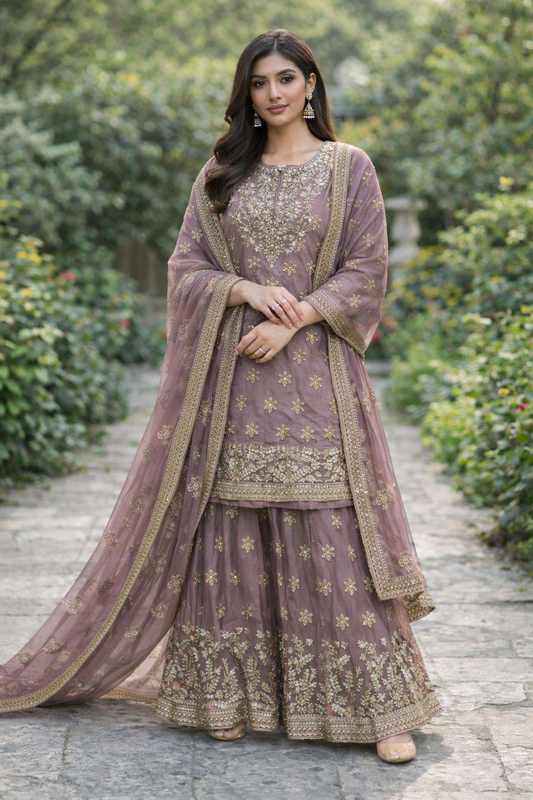 (16) Indian Mauve Sharara Suit - Heavy Diamante Embroidered Umbrella Dress