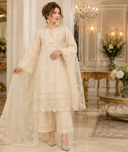 (159) Munira Premium Lawn Palazzo Suit | Floral Lace & Chiffon Dupatta