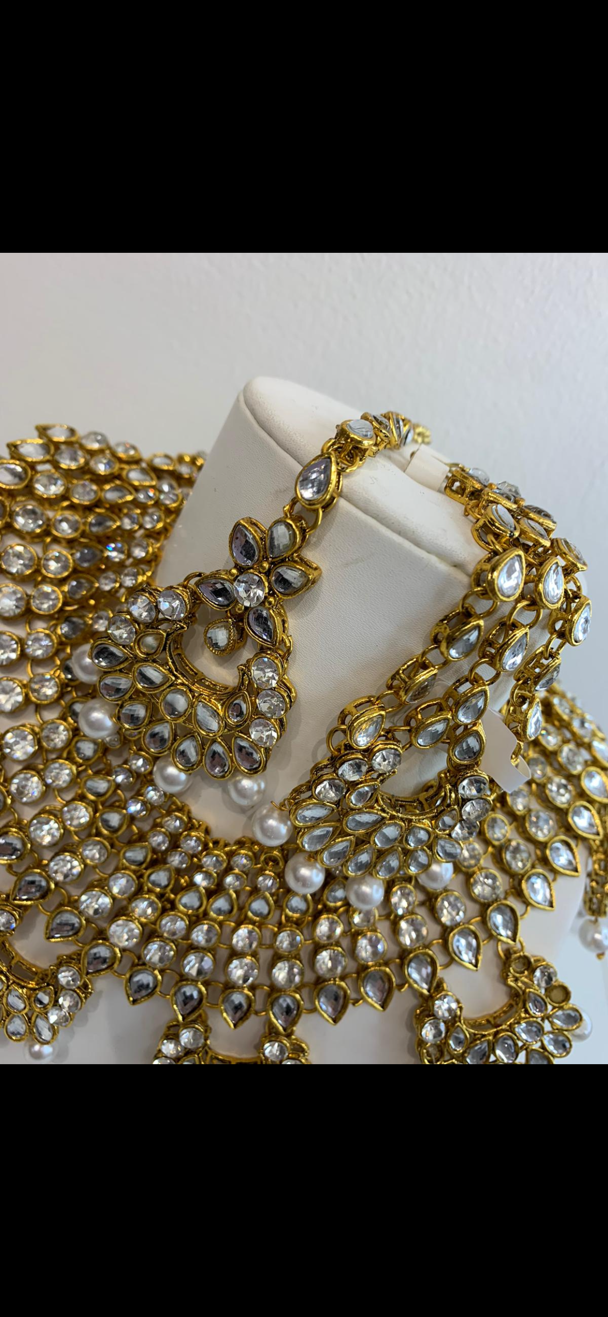 Pakistani gold diamonte pearl stone jewelry set